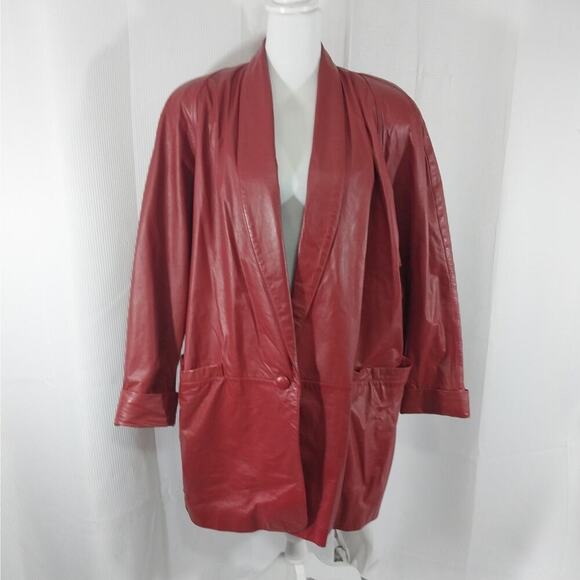 TIBOR! RICH CARDINAL RED GENUINE LEATHER 1 BUTTON JACKET, BLAZER, COAT! SZ L - Picture 2 of 10